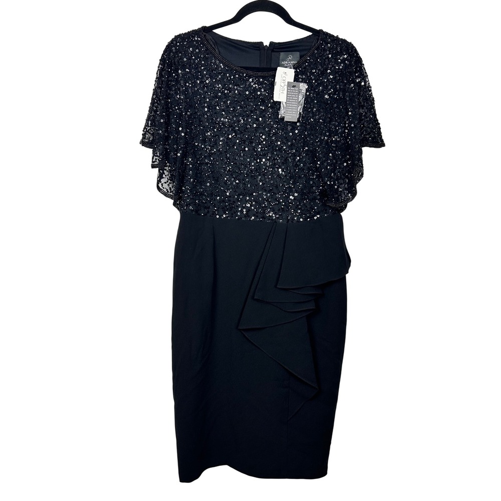 Adrianna Papell Sequin Sheath Dress Womens 14 Black Flutter Sleeve Ruffle Formal - Picture 2 of 10
